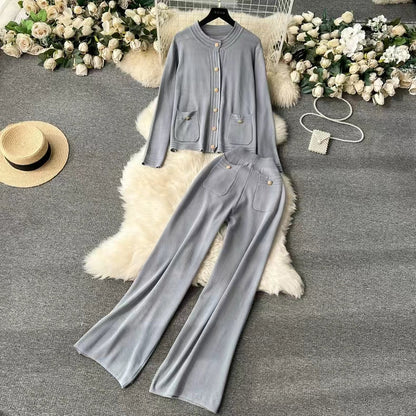 Knitted Cardigan Top Spring Autumn High End Sweater Jacket High Waist Slimming Wide Leg Pants Suit