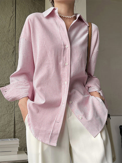 Urban Loose Striped Lapel Collar Blouses&shirts Tops