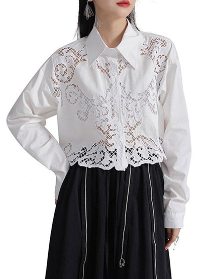 Long Sleeves Loose Buttoned Hollow Color Lapel Blouses&shirts Tops