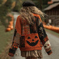 Vintage Patchwork Halloween Pumpkin Face Artcozy Knit Cardigan artswardrobe