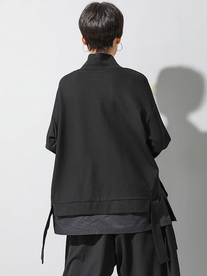 Black False-two Split-joint High-neck Sweatshirt T-shirt