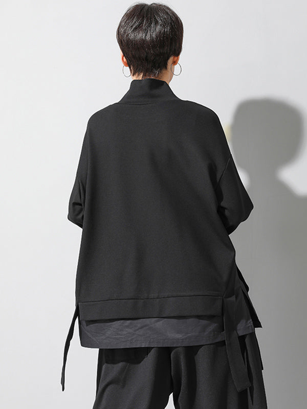 Black False-two Split-joint High-neck Sweatshirt T-shirt