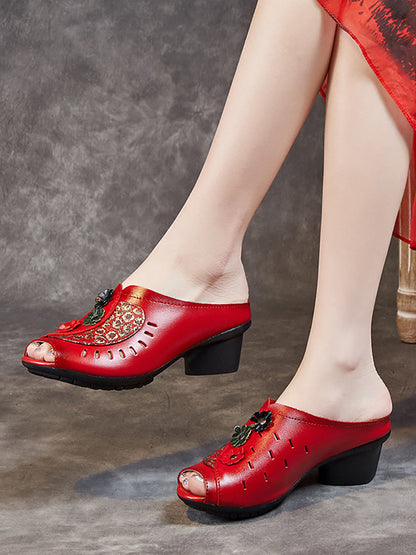 Summer Leather Flower Mid-heel Sandals Oo1050