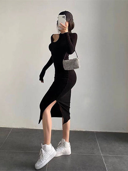 Cut Out Midi Dress for O-neck Long Sleeve Bodycon Party Dresses Autumn Winter Dress