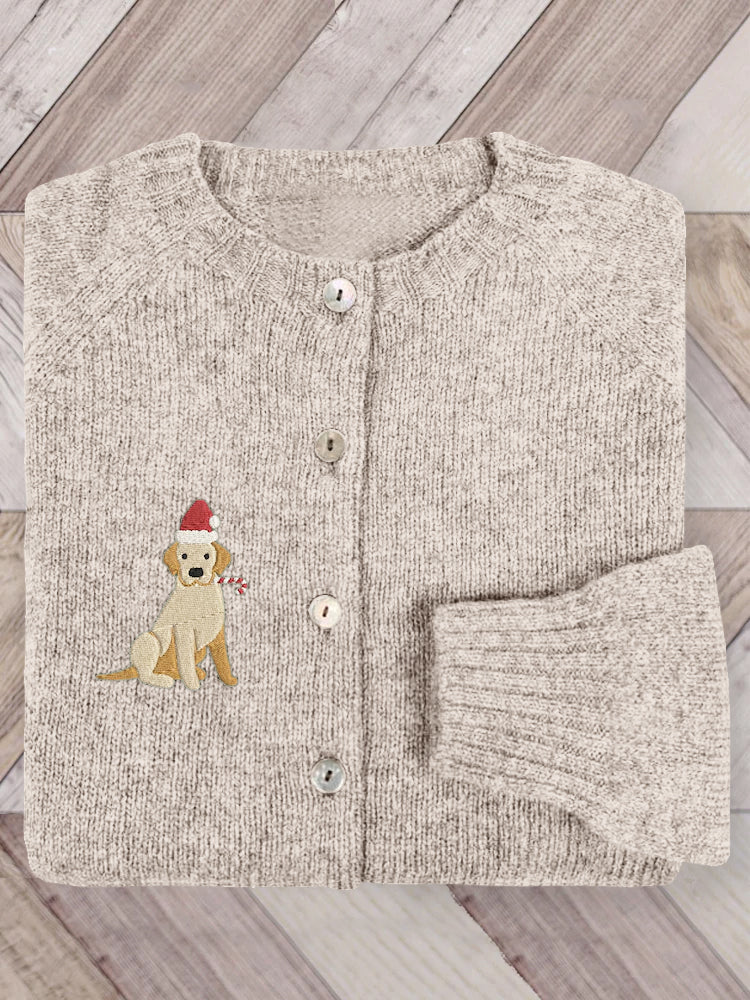 Comstylish Cute Christmas Dog Embroidered Cozy Knit Cardigan