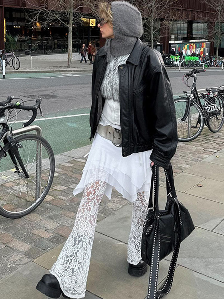 Taruxy See Through Lace Pants Summer Mesh Splice Culottes Pants Holiday Loose Femme Pantskirt
