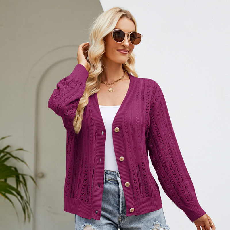 Dignified Hollow Out Cutout Knitted Cardigan Outer Wear Clothing All Matching V Neck Sweater