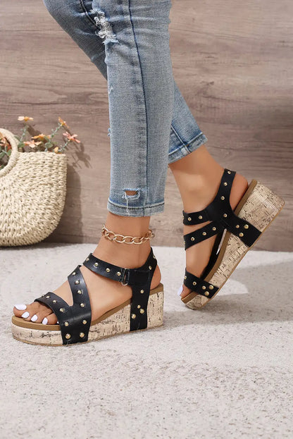 Stylish Black Rivet Hollow Out Wedge Sandals