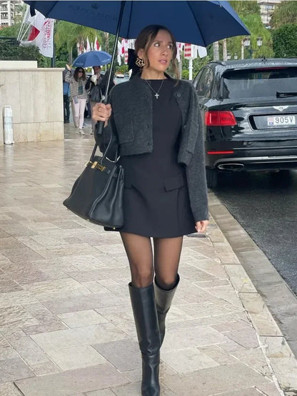 Tossy Patchwork Long Sleeve Mini Dress for High Waist Patchwork Female Slim Dress