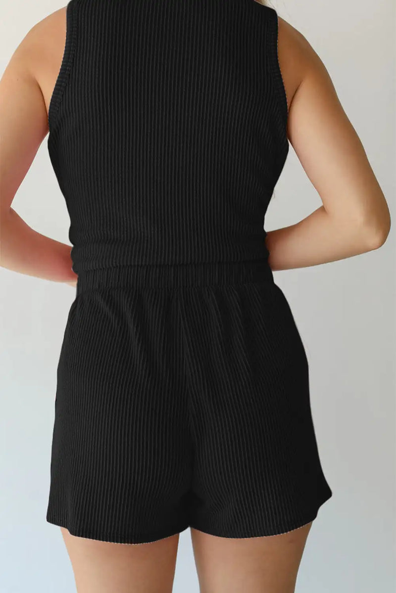 Cool Black Corded Sleeveless Top and Pocketed Shorts Set