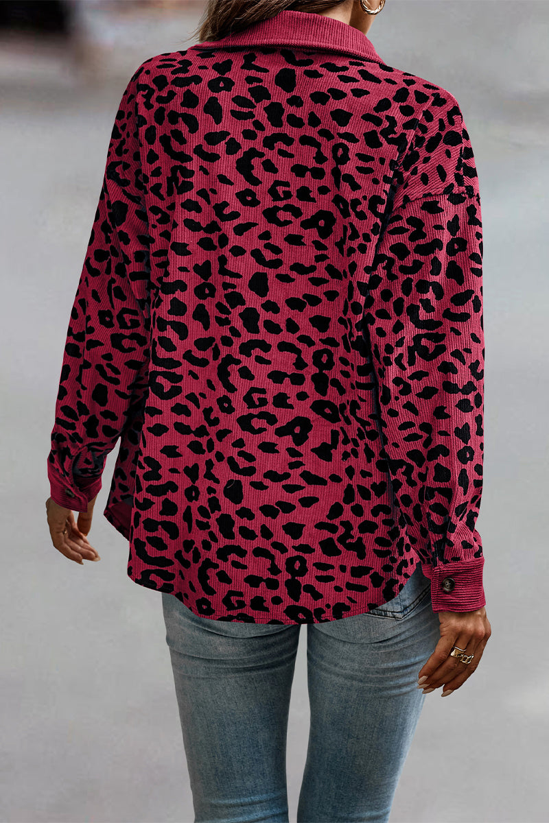 Sweet Leopard Pocket Turndown Collar Tops