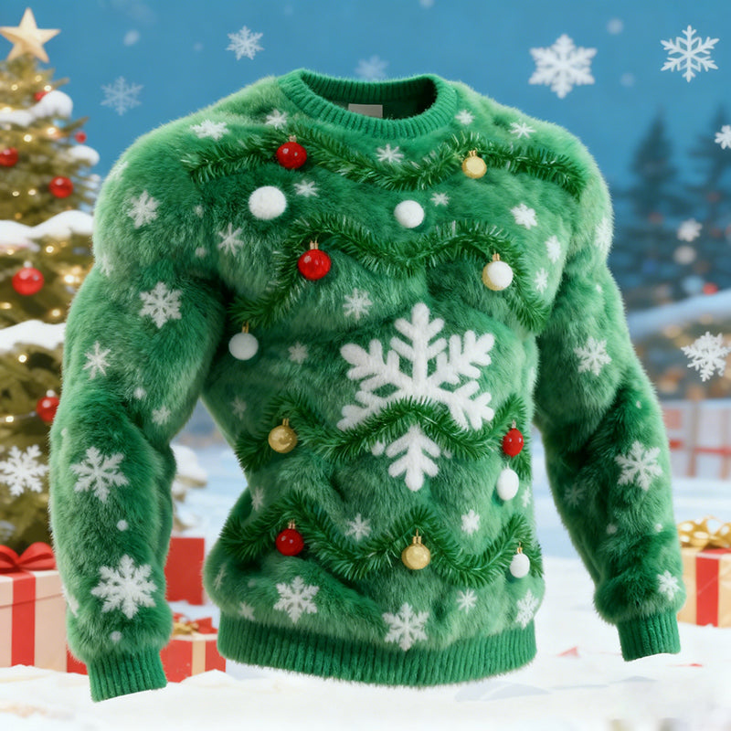 Comstylish Men's Christmas Tree Decor Snowflake Print Plush Sweatshirt