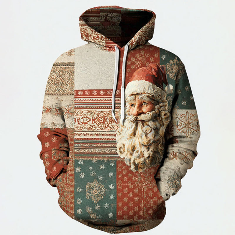 Comstylish Men's Retro Christmas Santa Claus Color Block Hooded Sweatshirt