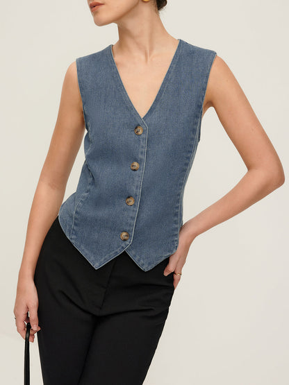 V-neck Piping Button Denim Vest