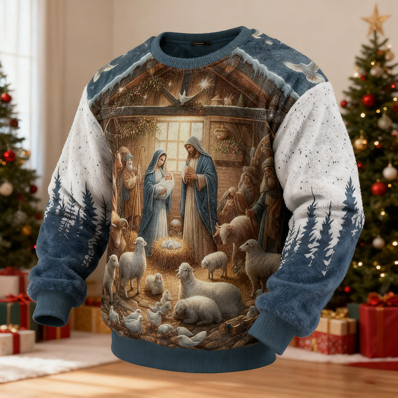 Comstylish Men's Christmas Nativity Pattern Crew Neck Casual Flannel Sweatshirt