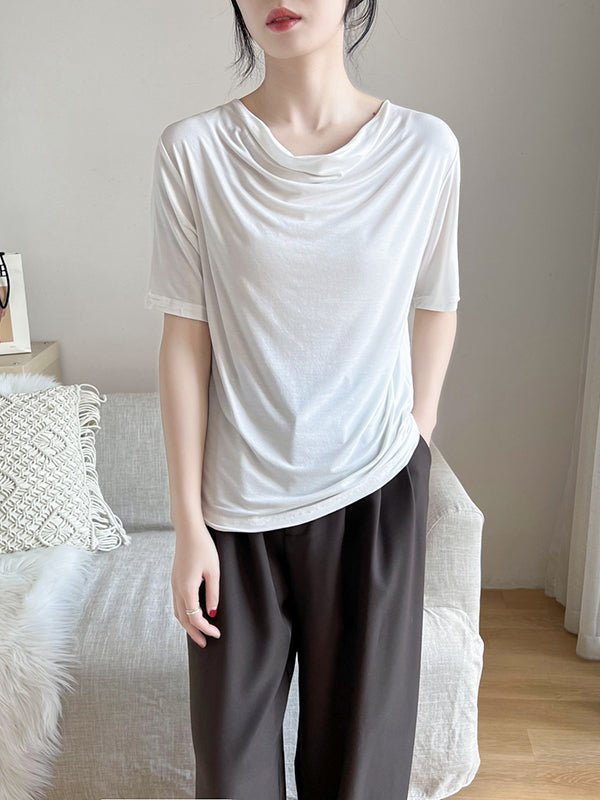Short Sleeves Pleated Color Heaps Collar T-shirts Tops