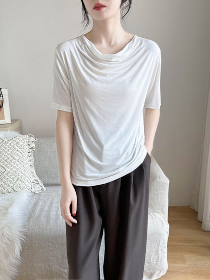 Short Sleeves Pleated Color Heaps Collar T-shirts Tops