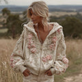 Comstylish Women's Vintage Pink Floral Embroidery Art Casual Zip Pu Hoodie