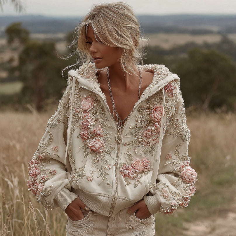 Comstylish Women's Vintage Pink Floral Embroidery Art Casual Zip Pu Hoodie