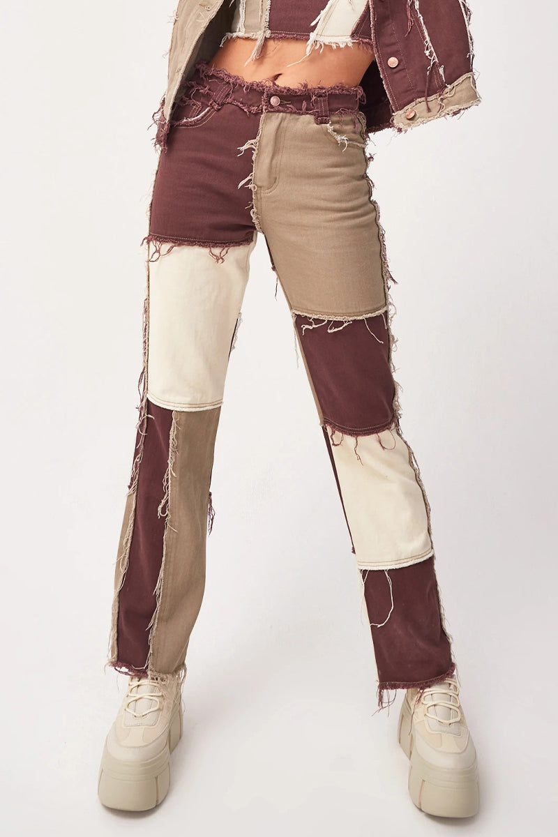 Color Block Patch Contrast Mid Waist Regular Denim Jeans(6 Colors)