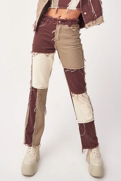 Color Block Patch Contrast Mid Waist Regular Denim Jeans(6 Colors)