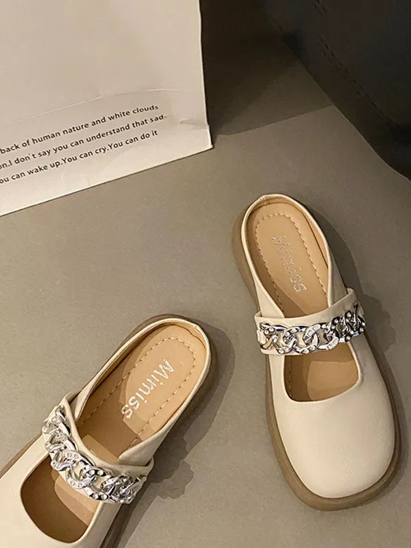 Chains Round-toe Shallow Cut Split-joint Mary Janes Slippers