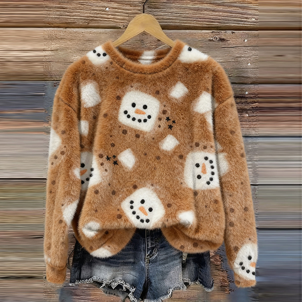 Women's Christmas Snowman Cozy Crew Neck Plush Sweatshirt