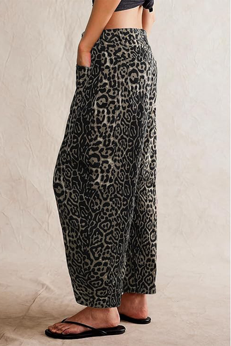 Street Leopard Pocket Mid Waist Loose Denim Jeans