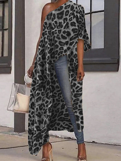 Stylish Leopard Printed Asymmetric One-shoulder Loose T-shirt Tops