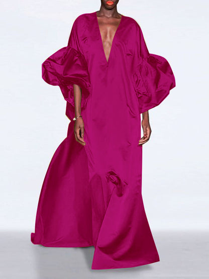 Loose Puff Sleeves Color V-neck Maxi Dresses