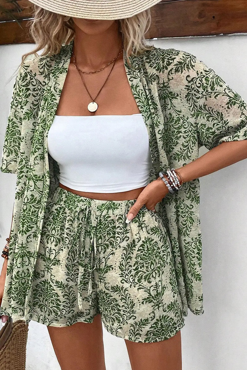 Open Top and Shorts Set Green Outfit