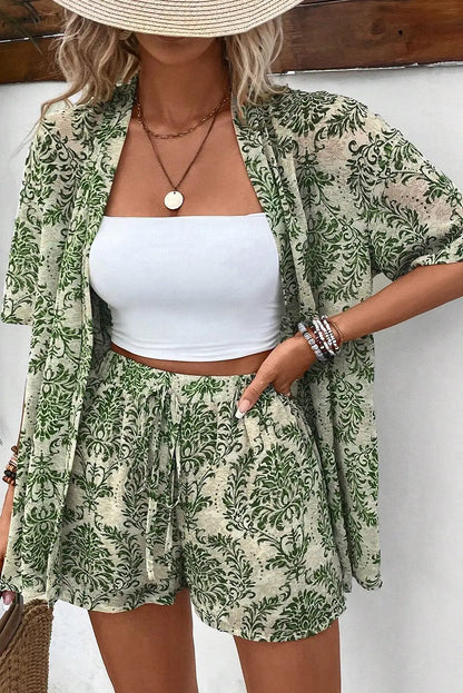 Open Top and Shorts Set Green Outfit