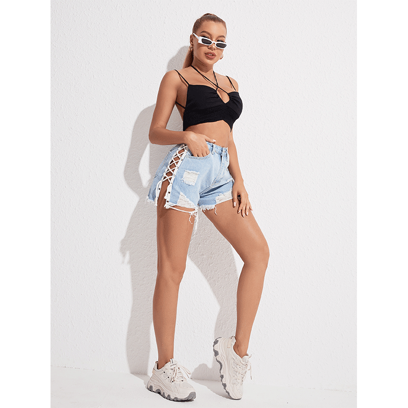 High Waist Lace-up Denim Shorts Summer Slim Fit Pants
