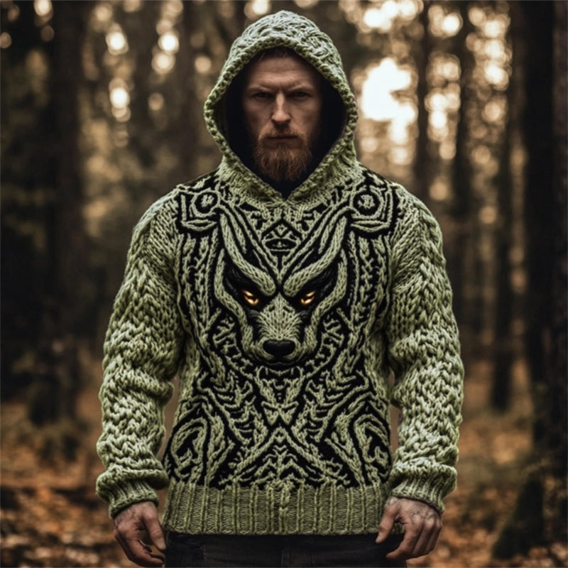 Men's Viking Wolf Celtic Cozy Chunky Hooded Sweater elevenforest