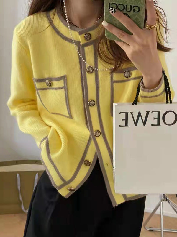 Long Sleeves Buttoned Contrast Color Pockets Round-neck Cardigan Tops