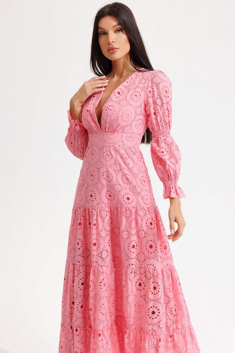 V-neck Lantern Sleeve Tapered Waist Midi Dress Pink