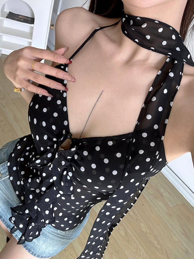 Taruxy Lace Up Drape See Through Crop Tops Print Slim Bandage Tank Top Hot Beach Backless Shirts