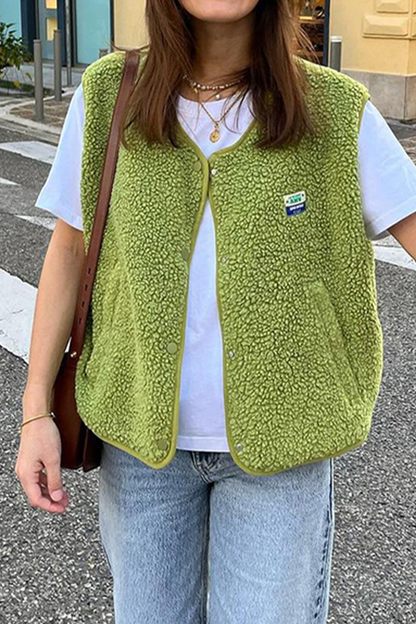 Street Pocket Buttons Fluffy O Neck Waistcoats(3 Colors)