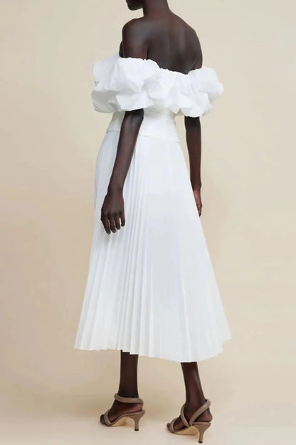 Off-shoulder Puff Sleeve Pleated Midi Dress