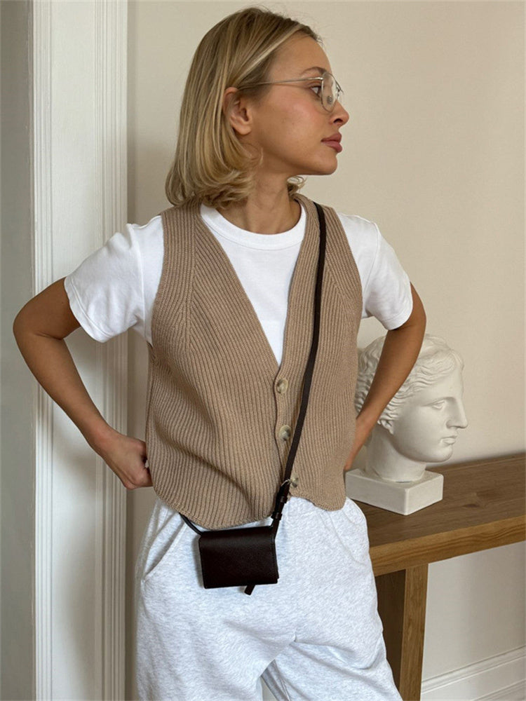 Tossy Knit V Neck Tank Top New Button Down Vest Sleeveless Slim Going Out Beach Holiday Tops for Lady