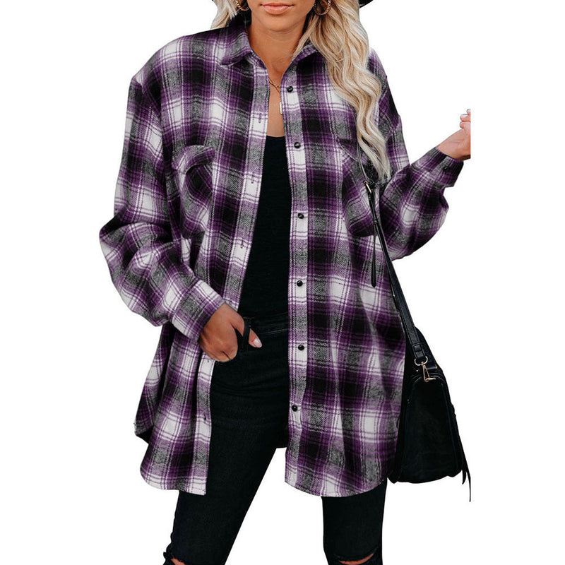 Clothing Autumn Winter Plaid Shirt Mid-length Loose Lapels Cardigan Shirt