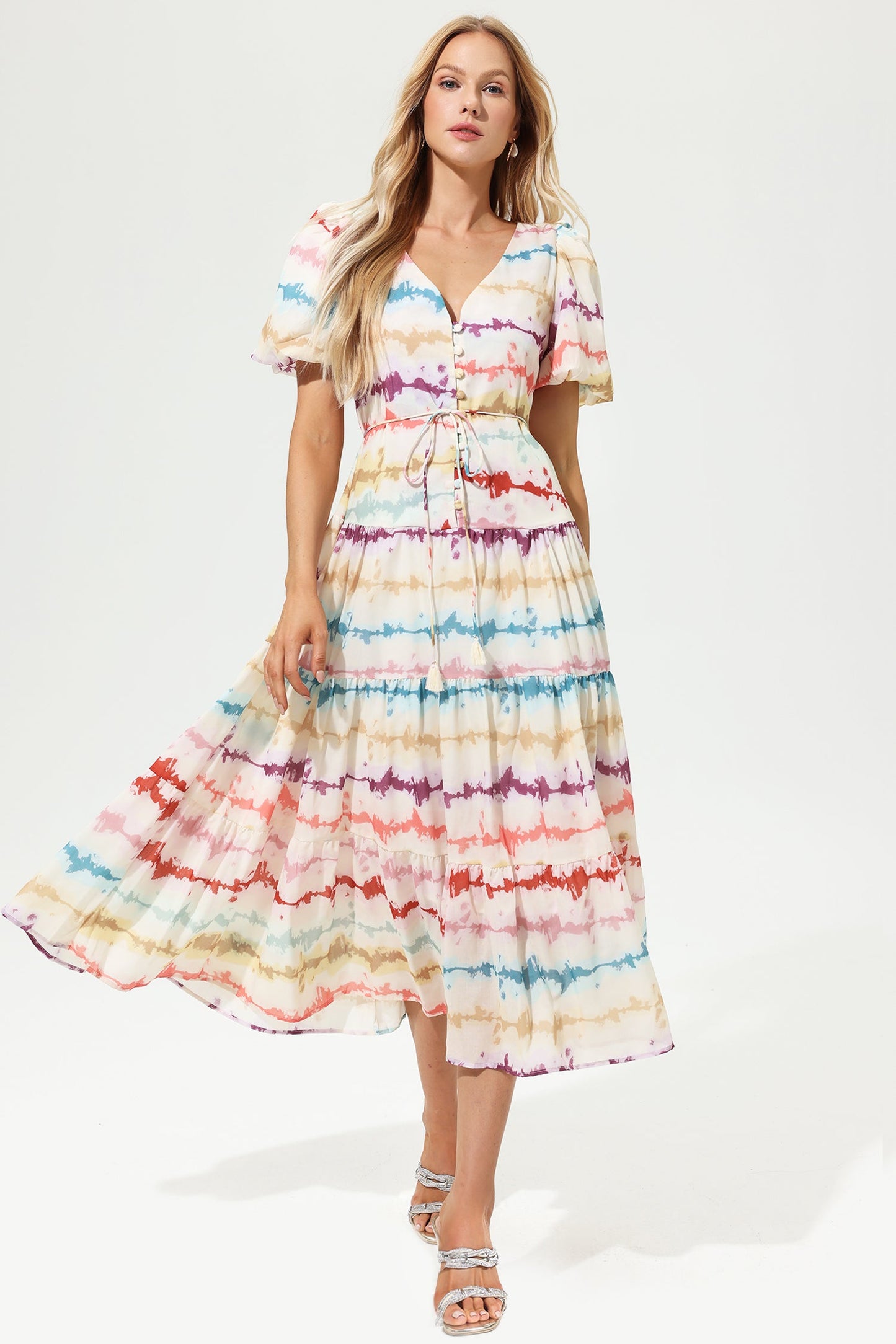 V-neck Puff Sleeve Tapered Waist Midi Dress