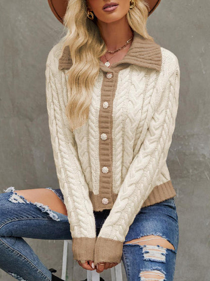 Long Sleeves Loose Contrast Color Split-joint Lapel Cardigan Tops