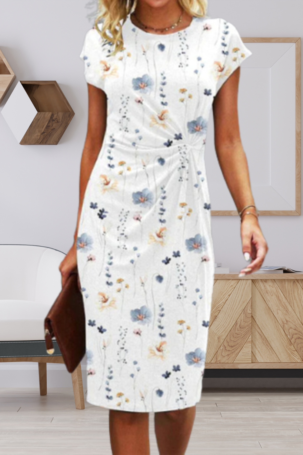 KS | Midi dress with floral pattern and twisted front