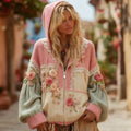Women's Vintage Patchwork Floral Art Cozy Knitted Zip-up Hoodie artswardrobe