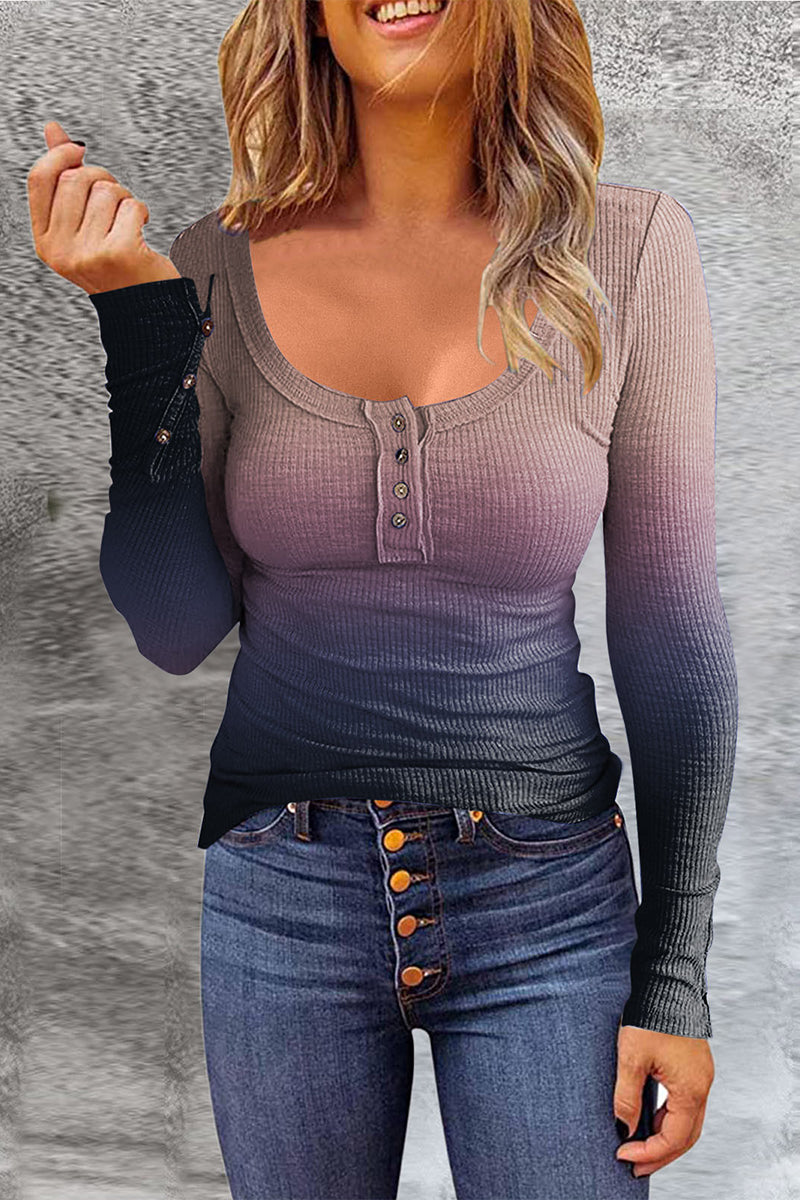 Gradual Change Color Block Patchwork Buttons O Neck T-shirts(7 Colors)