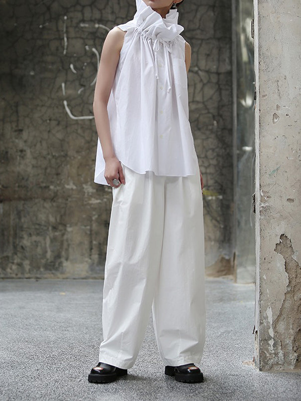 Sleeveless Pleated Color Statement Collar Blouses&shirts Tops