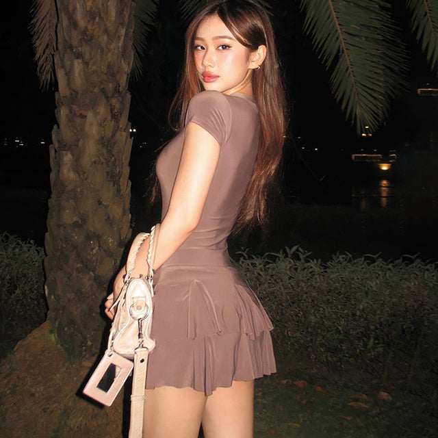 Trauxy Hot Girl Ruffled Short Sleeve Slim Mini Dress for Patchwork Y2k O Neck Club Party Dress Female