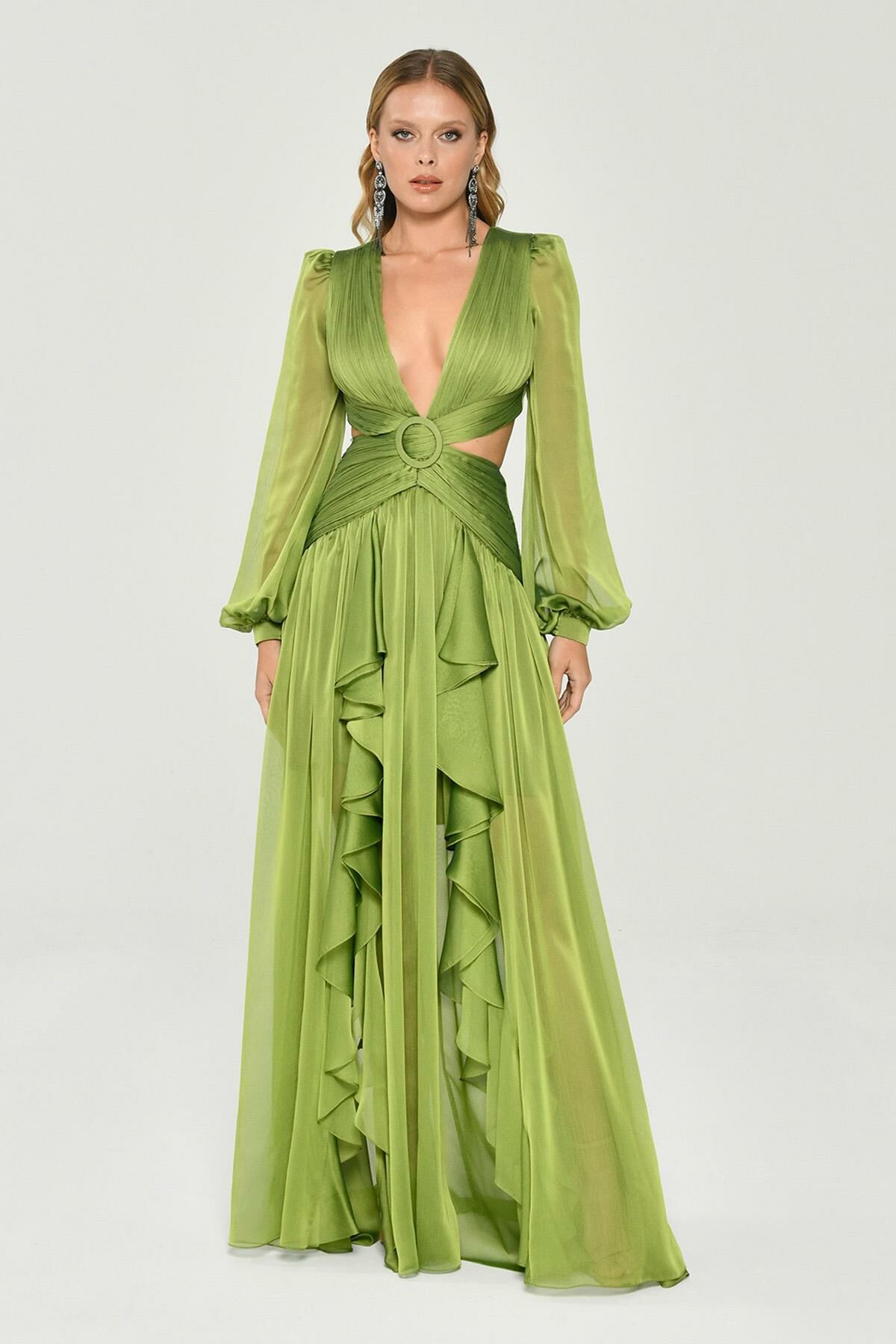 V-neck Ruffle Split Lantern Sleeve Maxi Dress