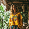 Retro Bohemian Floral Art Embroidery Print Cotton And Linen Blend Loose Blouse artswardrobe